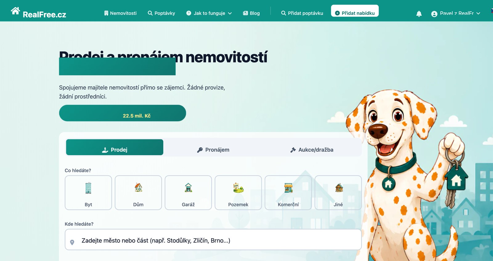Úvodní stránka RealFree.cz s vyhledávačem nemovitostí