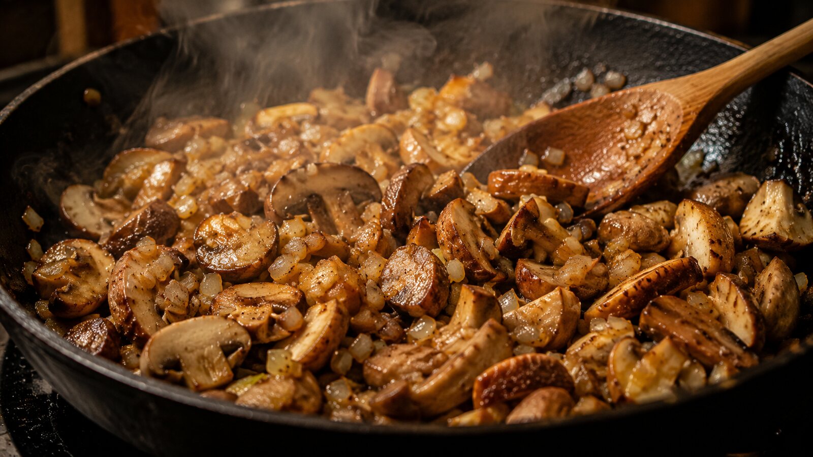 Restování hub s cibulí na pánvi