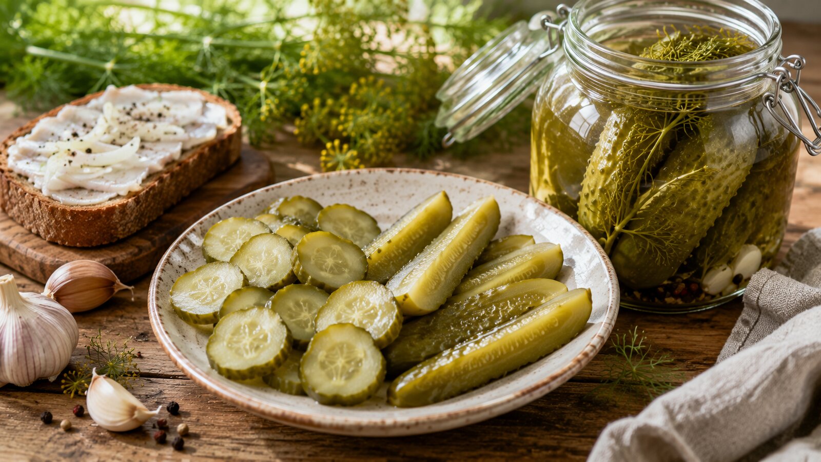 Hotové rychlokvašky nakrájené na talíři s čerstvým koprem