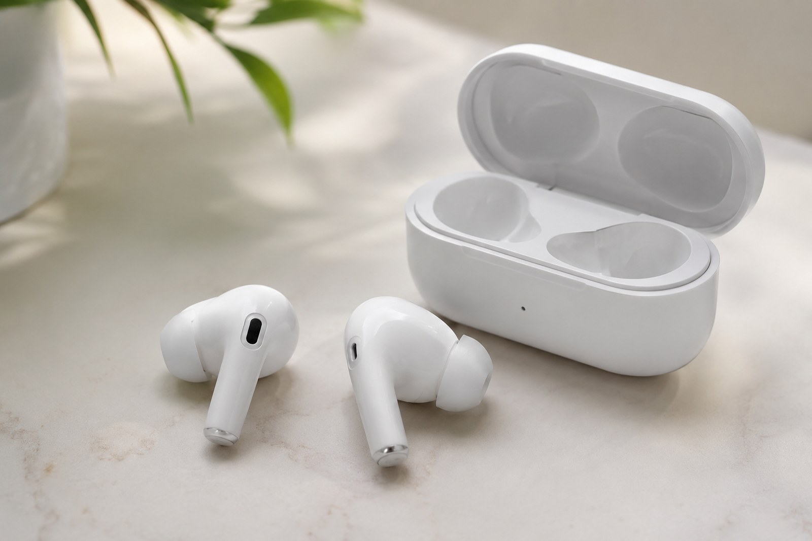 True wireless pecky s nabíjecím pouzdrem položené na stole