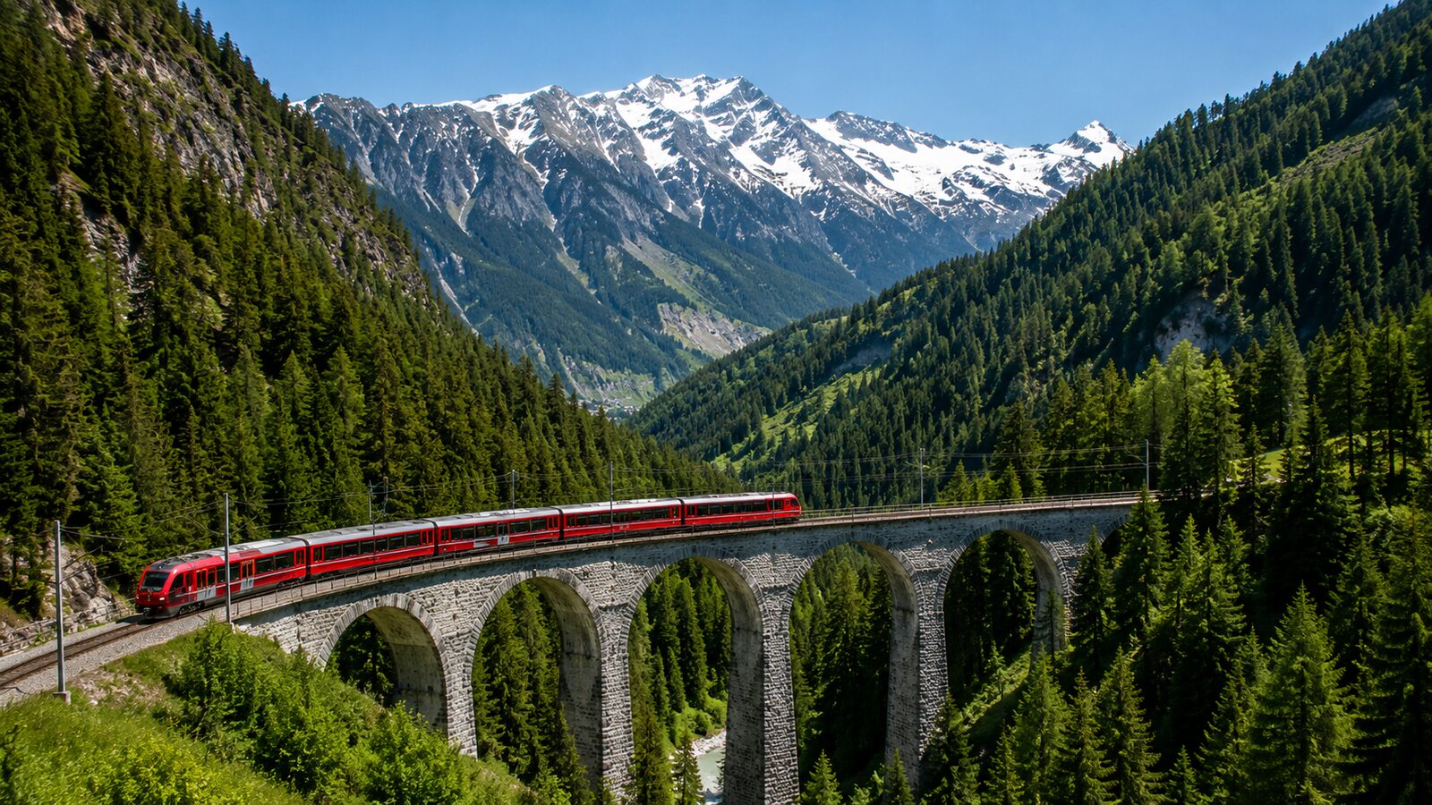 Švýcarský panoramatický vlak Bernina Express na viaduktu v Alpách