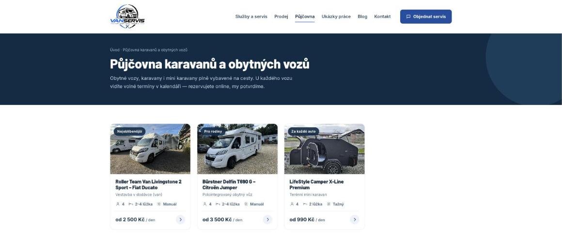 Půjčovna obytných vozů VanServis — Roller Team Livingstone, Bürstner Delfin a mini karavan LifeStyle Camper