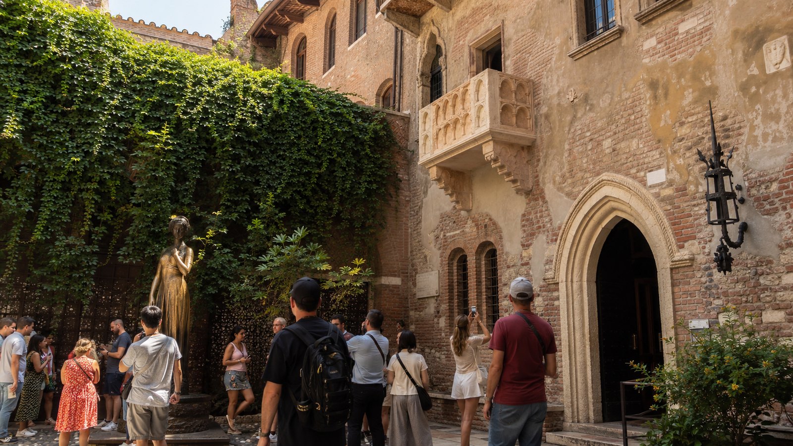 Slavný Juliin balkon na nádvoří domu Casa di Giulietta ve Veroně