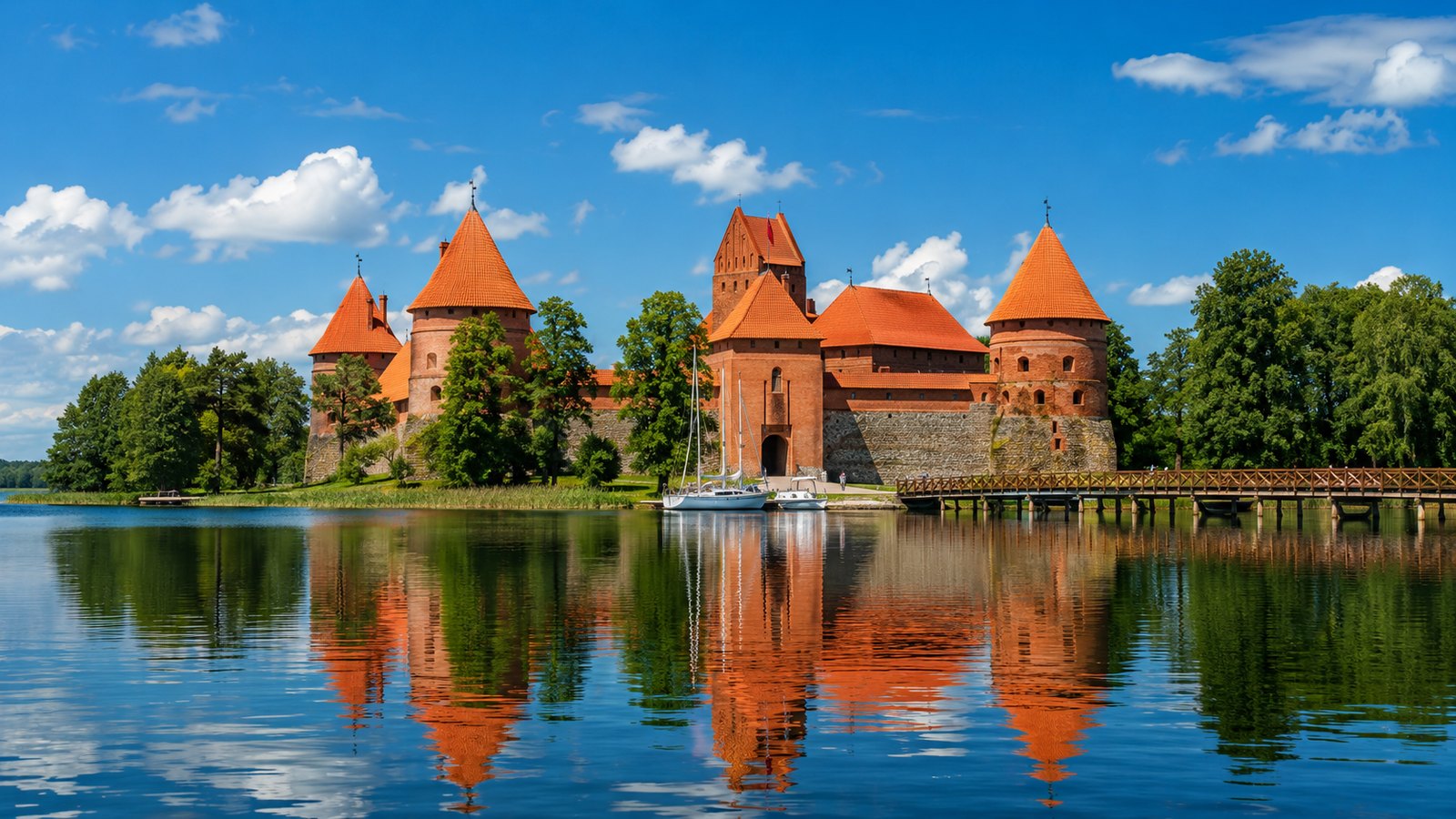 Cihlový vodní hrad Trakai na ostrově uprostřed jezera