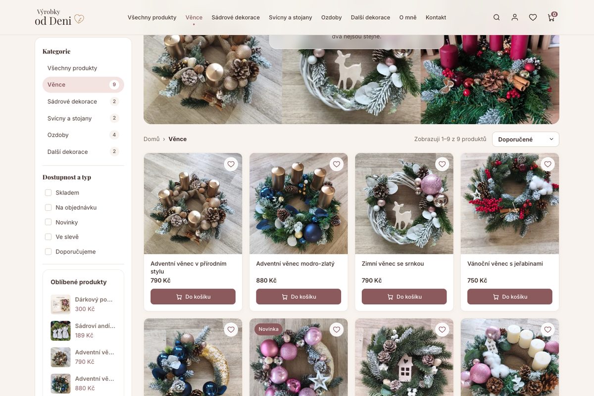 Kategorie věnců na e-shopu Výrobky od Deni s adventním věncem v přírodním stylu, modro-zlatým věncem, zimním věncem se srnkou a věncem s jeřabinami