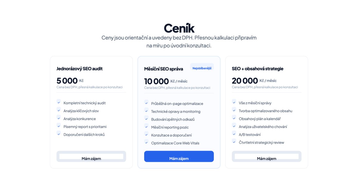 Ceník SEO optimalizace — audit, měsíční správa a obsahová strategie