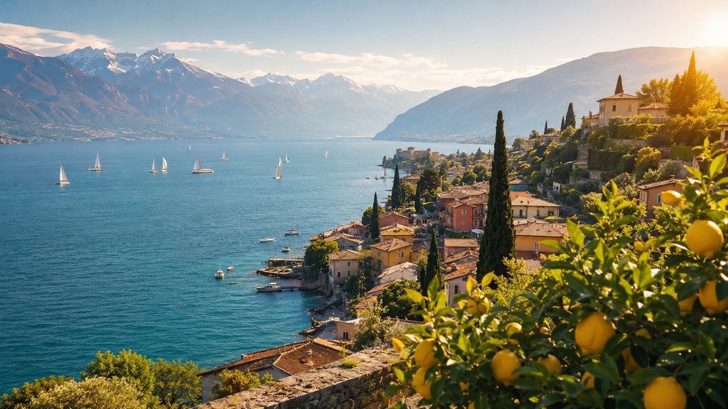 Lago di Garda — největší italské jezero s alpskými horami v pozadí a vinařskými svahy