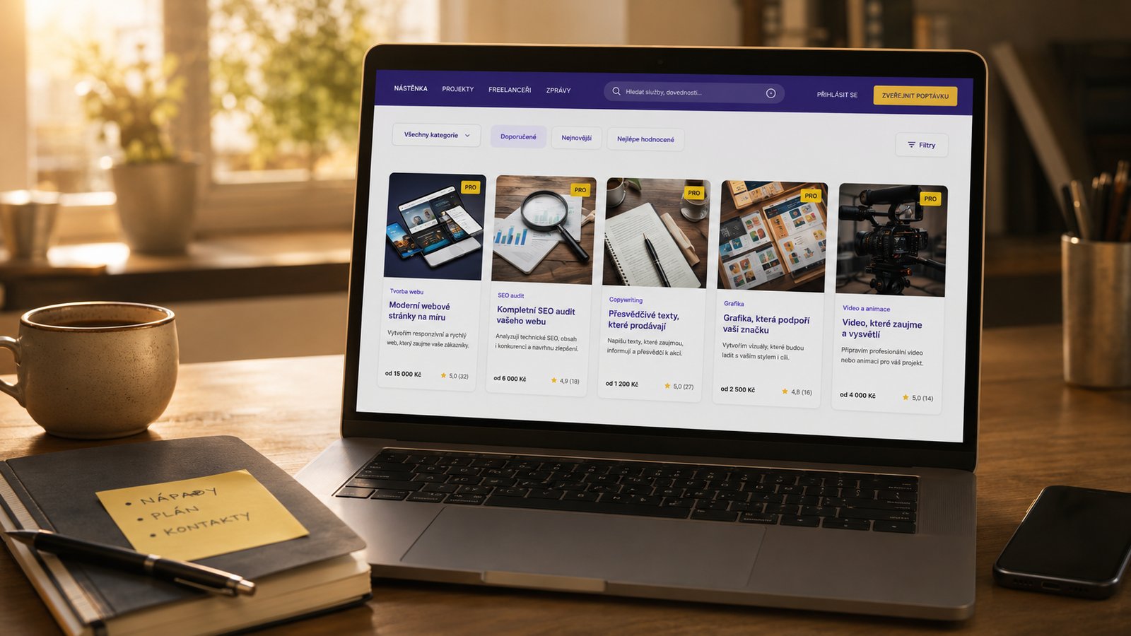 Pohled na rozhraní marketplace Web-clever.cz s kartami jobů a kategoriemi