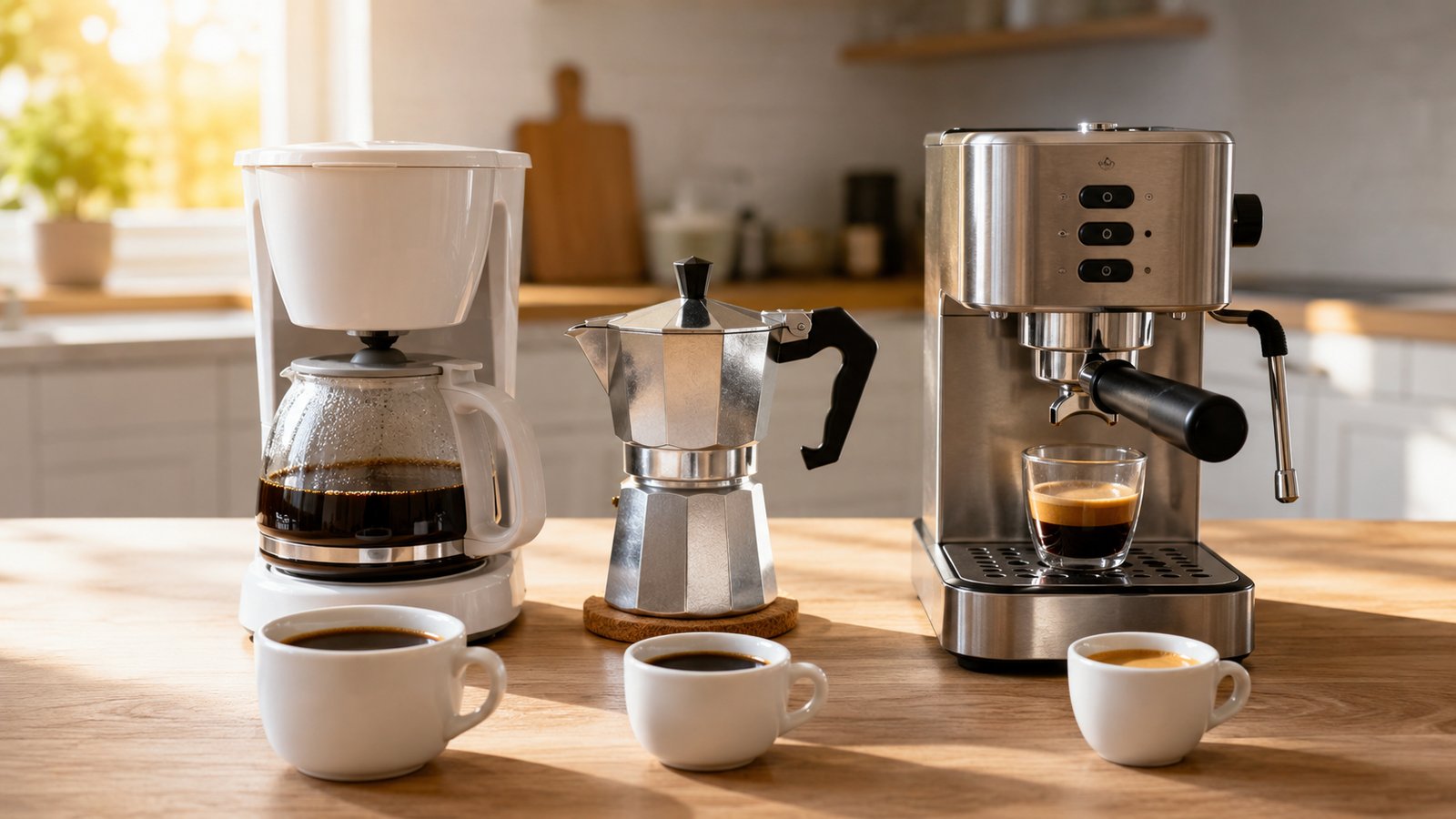 Tři typy kávovarů vedle sebe — překapávač, moka konvice a pákový espresso