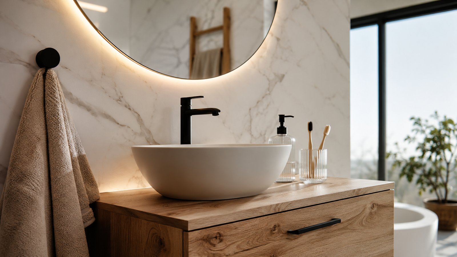Detail moderní koupelny s LED zrcadlem, chromovou baterií a dřevěnou skříňkou
