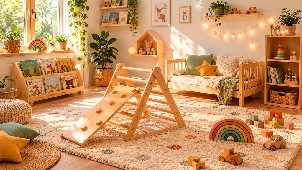 Útulný dětský pokoj s piklerové trojúhelníkem, žebřinou a nízkou postýlkou v duchu Montessori