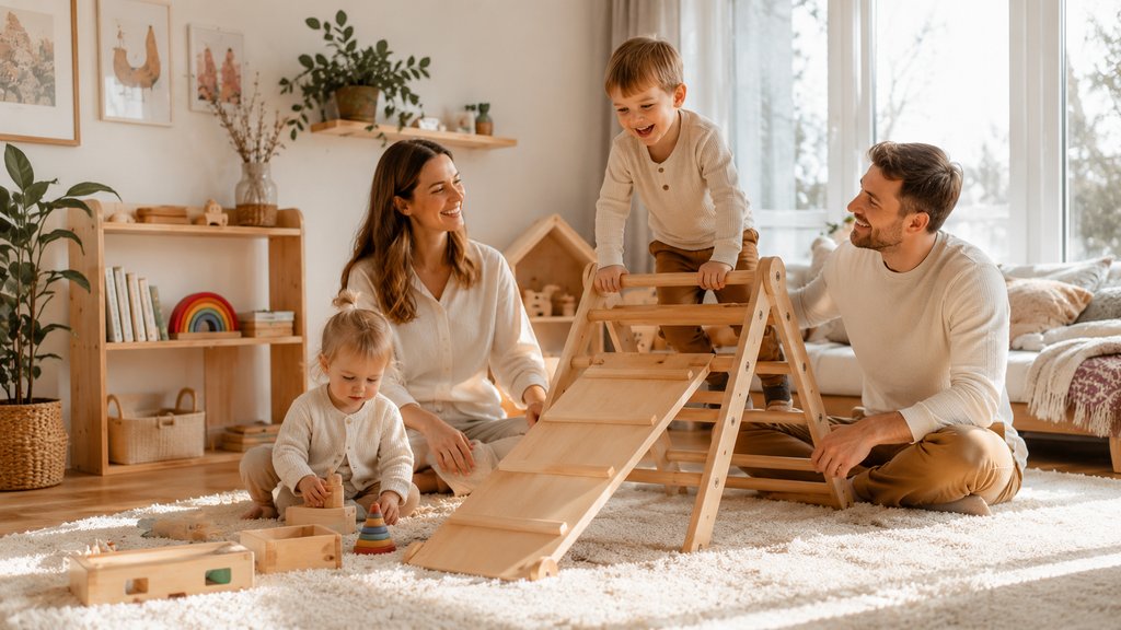 Rodina s dětmi v útulném obývacím pokoji s dřevěnými Montessori pomůckami