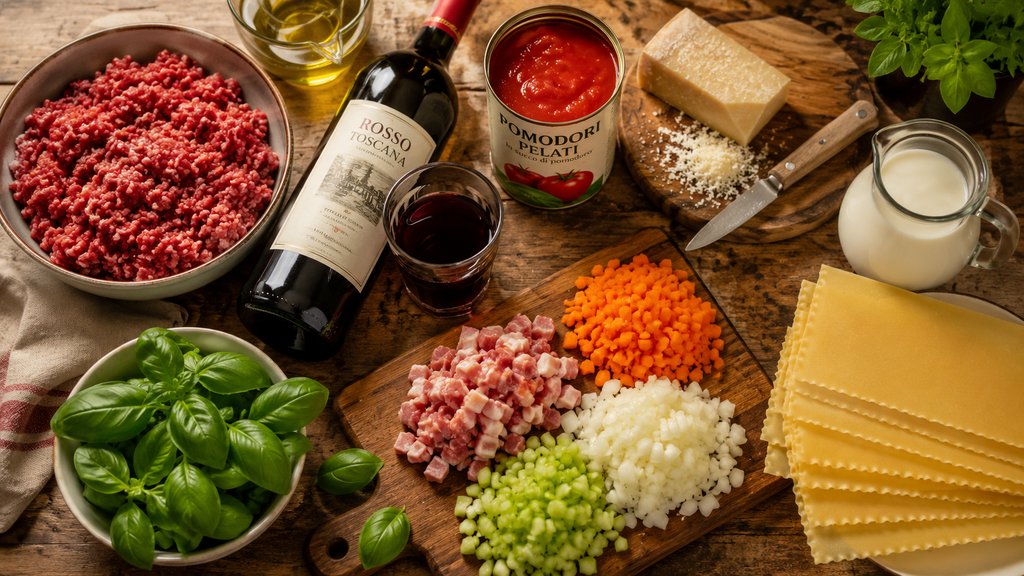 Příprava všech ingrediencí na lasagne — zelenina nakrájená na kostičky, maso, koření