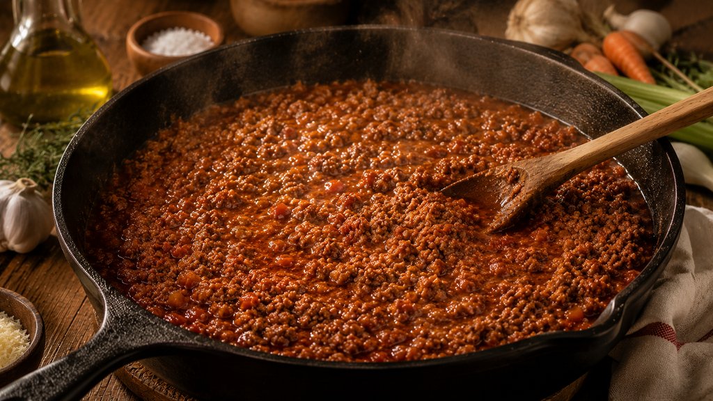 Ragú alla bolognese bublající v litinovém hrnci — sytá tmavě červená barva