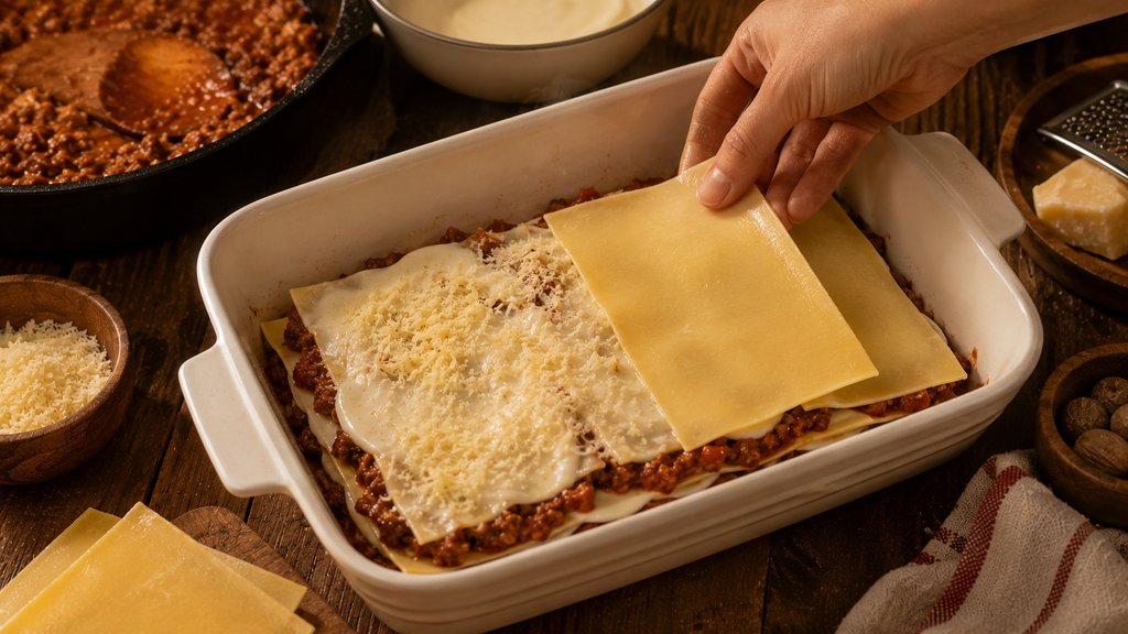 Skládání vrstev lasagní — pláty, ragú, béšamel a parmigiano v zapékací míse
