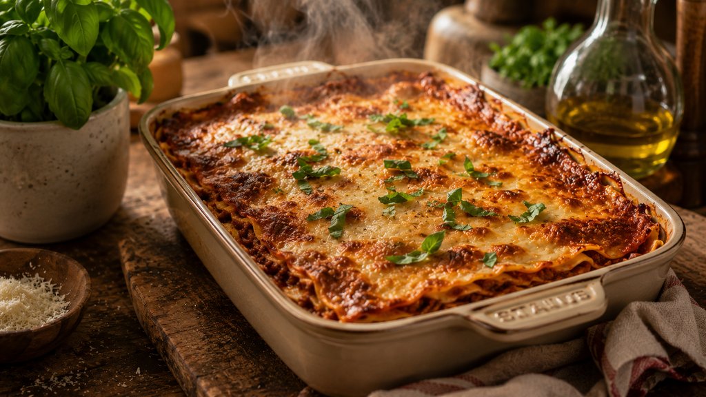 Lasagne zapečené do zlatova v troubě — bublající okraje a hnědá krusta