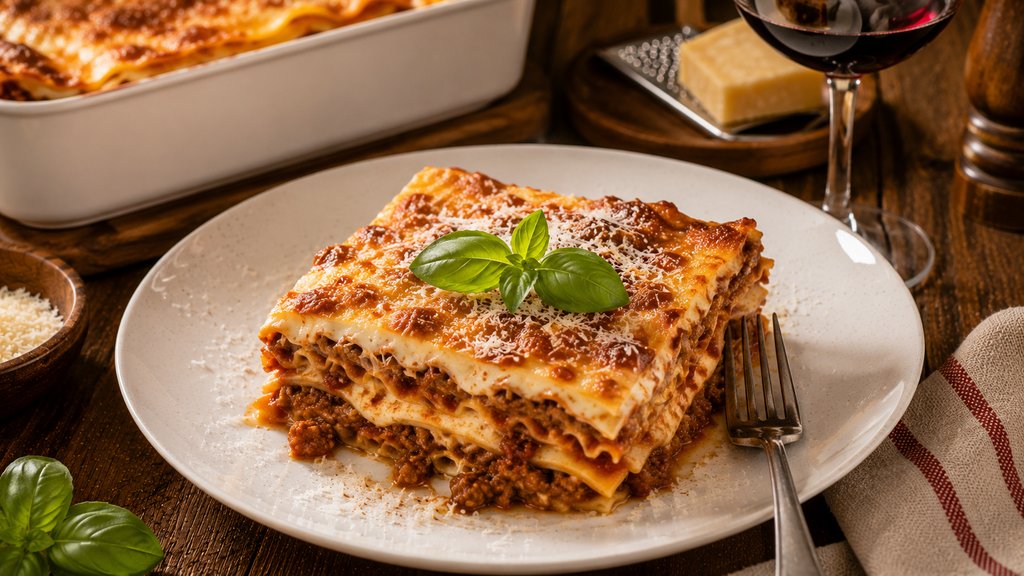 Naservírovaná porce lasagní na talíři s posypem parmigiana a lístkem bazalky