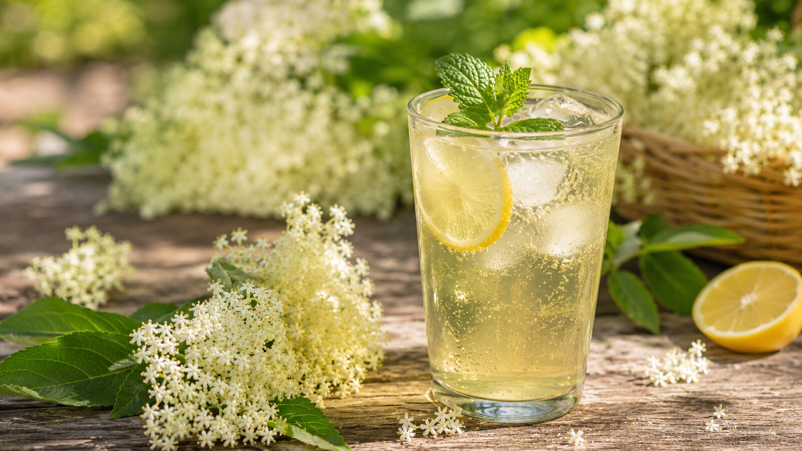 Sklenice domácí bezové limonády s ledem, mátou a plátkem citronu