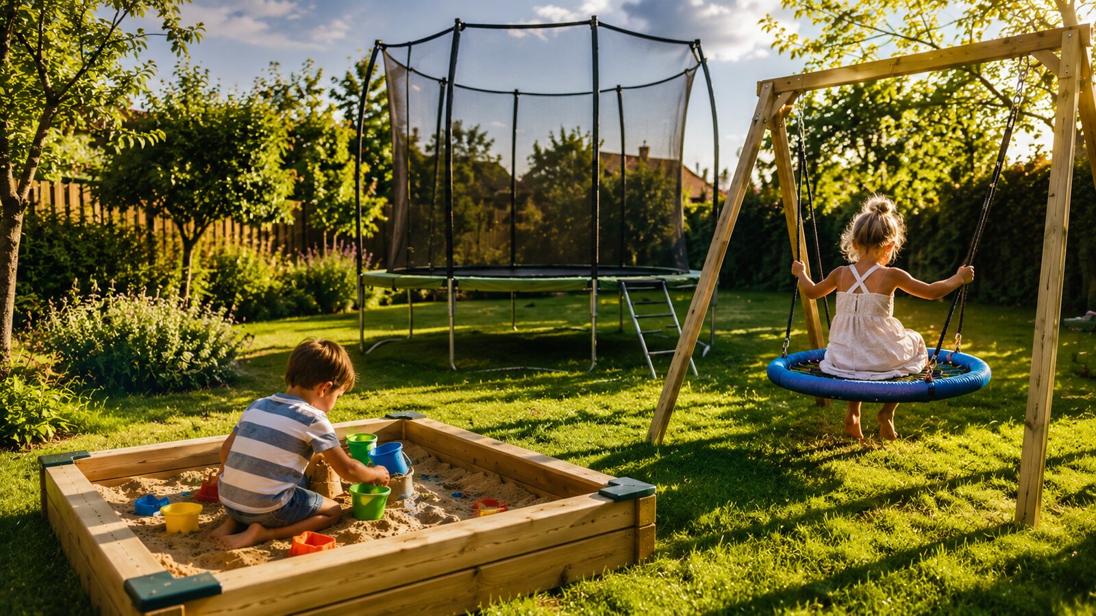 Děti si hrají na zahradě — houpačka, pískoviště a trampolína v letním odpoledni