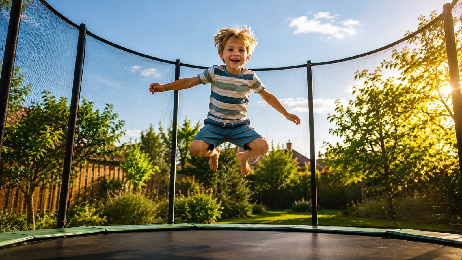 Šťastné dítě skáče na zahradní trampolíně s ochrannou sítí