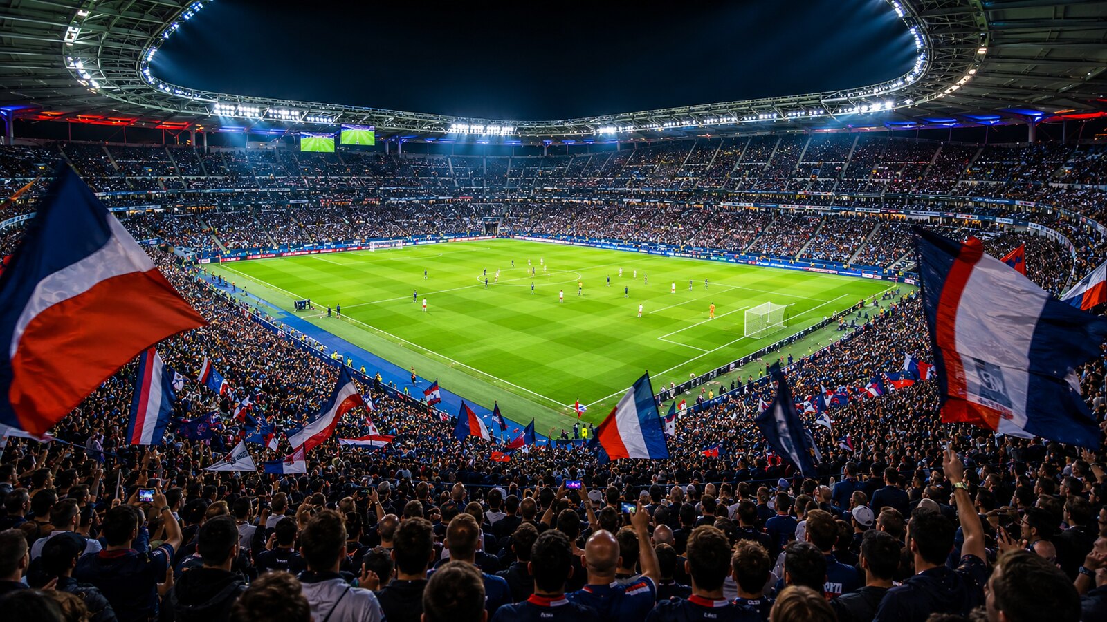 Fotbalový stadion v Paříži zaplněný fanoušky při večerním zápase