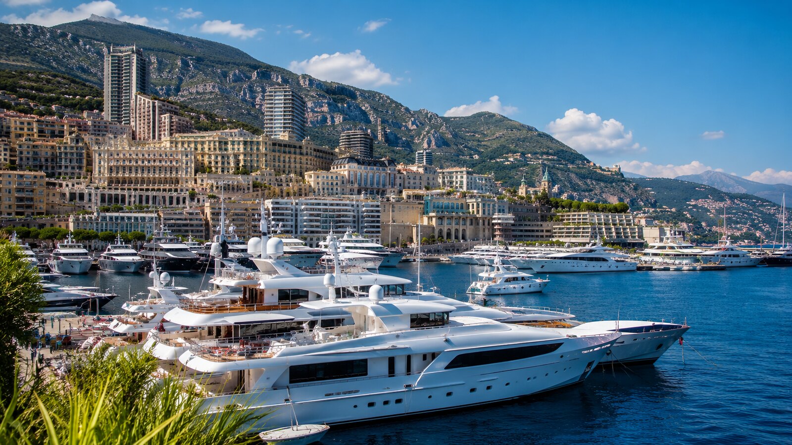 Přístav v Monaku plný luxusních jachet a Monte Carlo