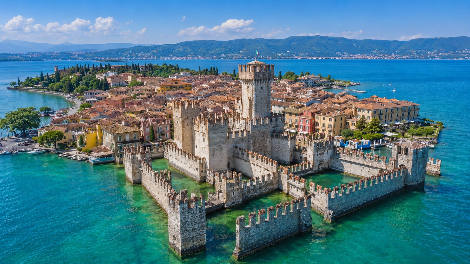Sirmione — vodní hrad Rocca Scaligera nad hladinou Gardského jezera