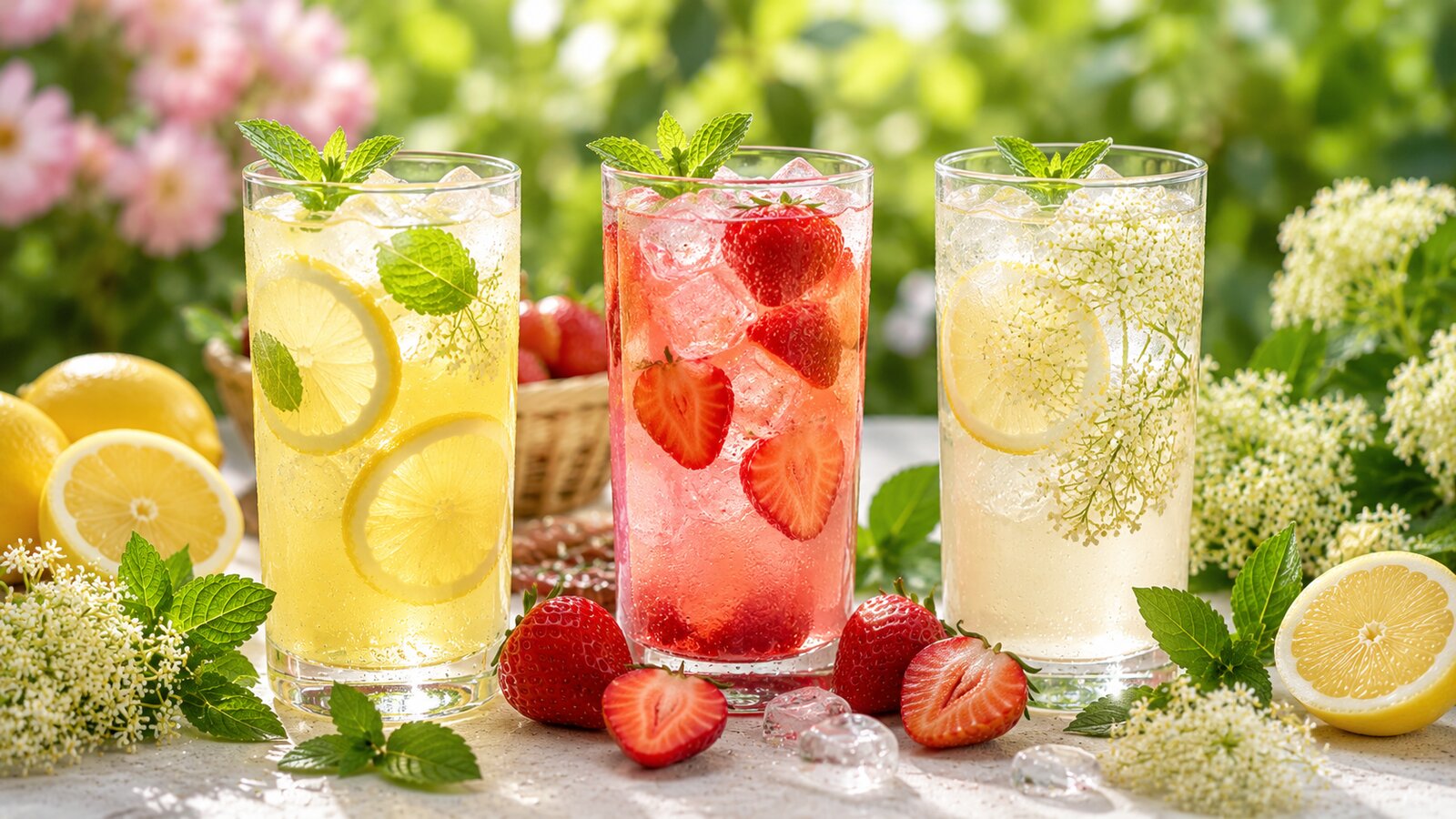 Hotové domácí limonády a ledový čaj ve džbánu a sklenicích