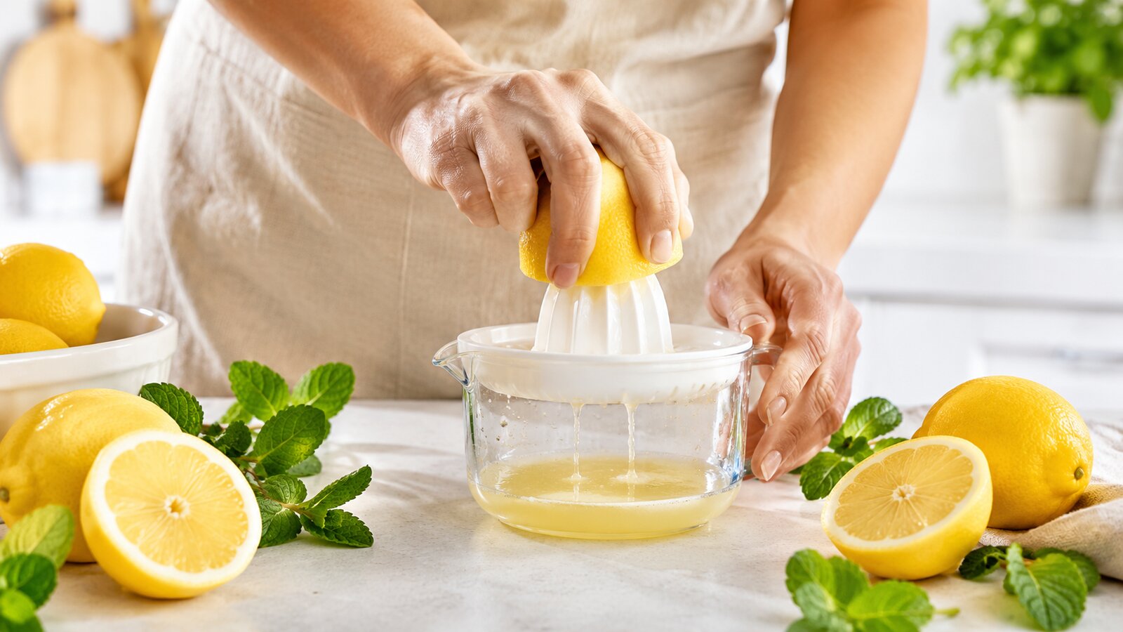 Vymačkávání čerstvých citronů na domácí limonádu
