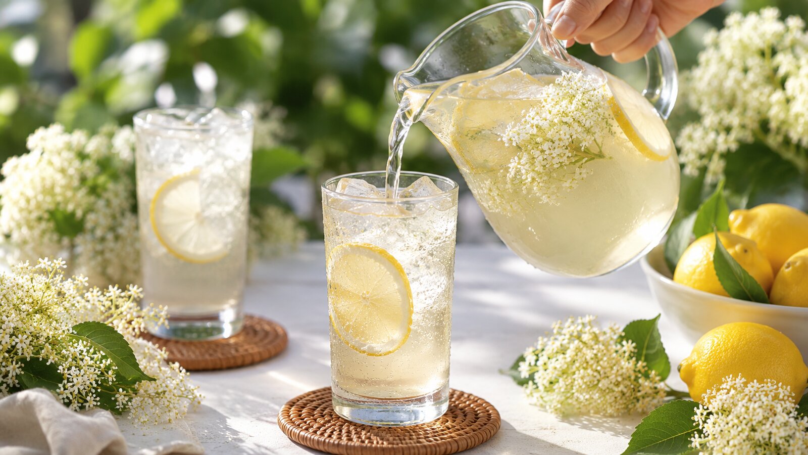 Nalévání bezové limonády do sklenice s ledem a plátky citronu