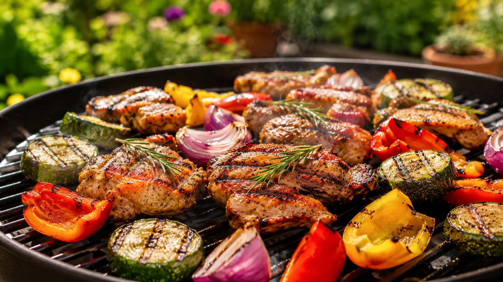 Marinované maso a zelenina grilující se na grilu