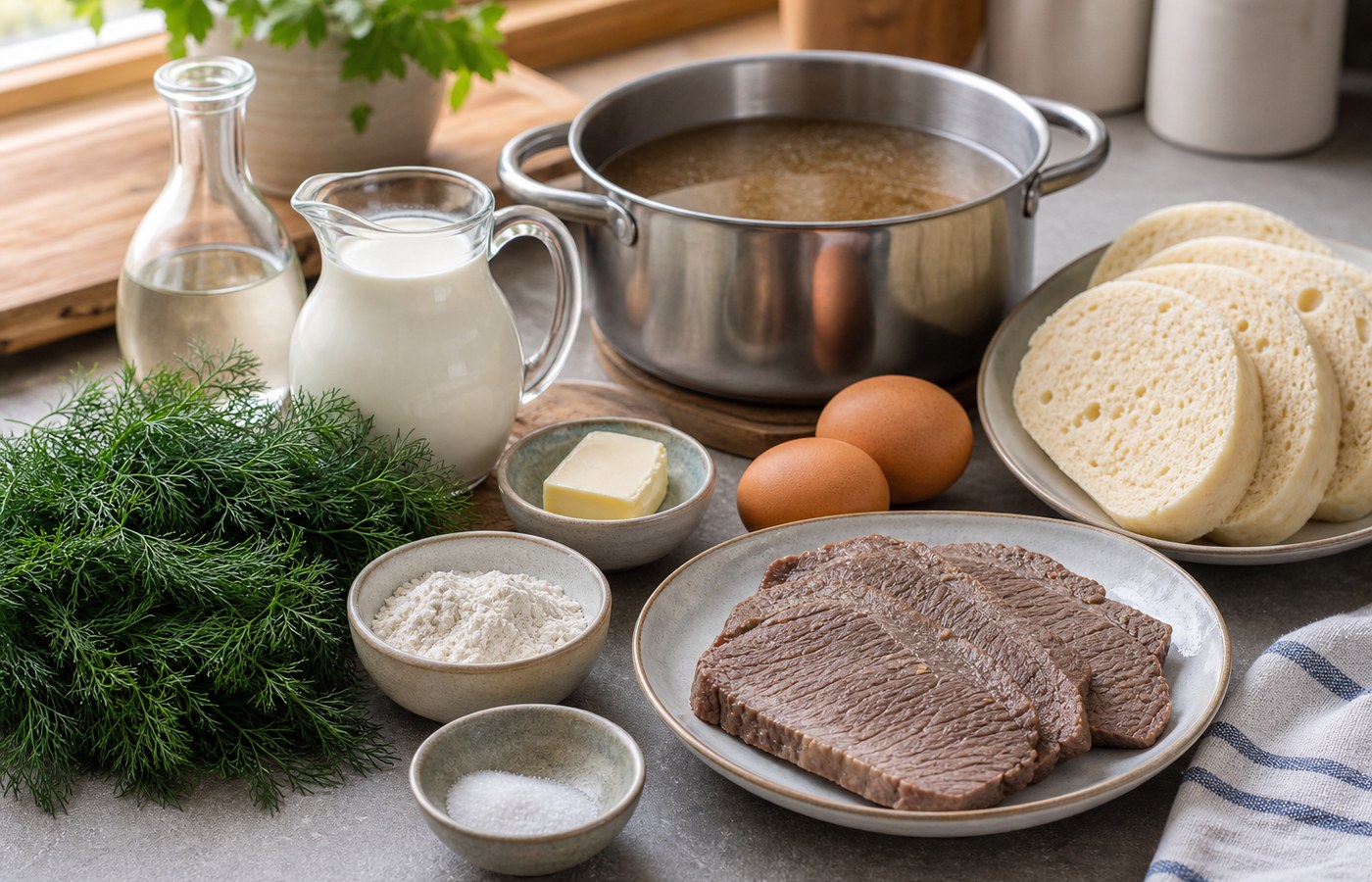 Suroviny na koprovou omáčku: kopr, vývar, smetana, vejce, knedlík a hovězí maso