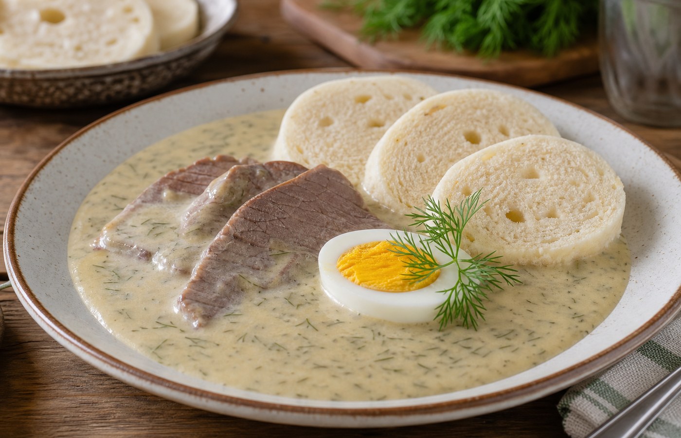 Porce koprové omáčky s hovězím, knedlíkem a vejcem