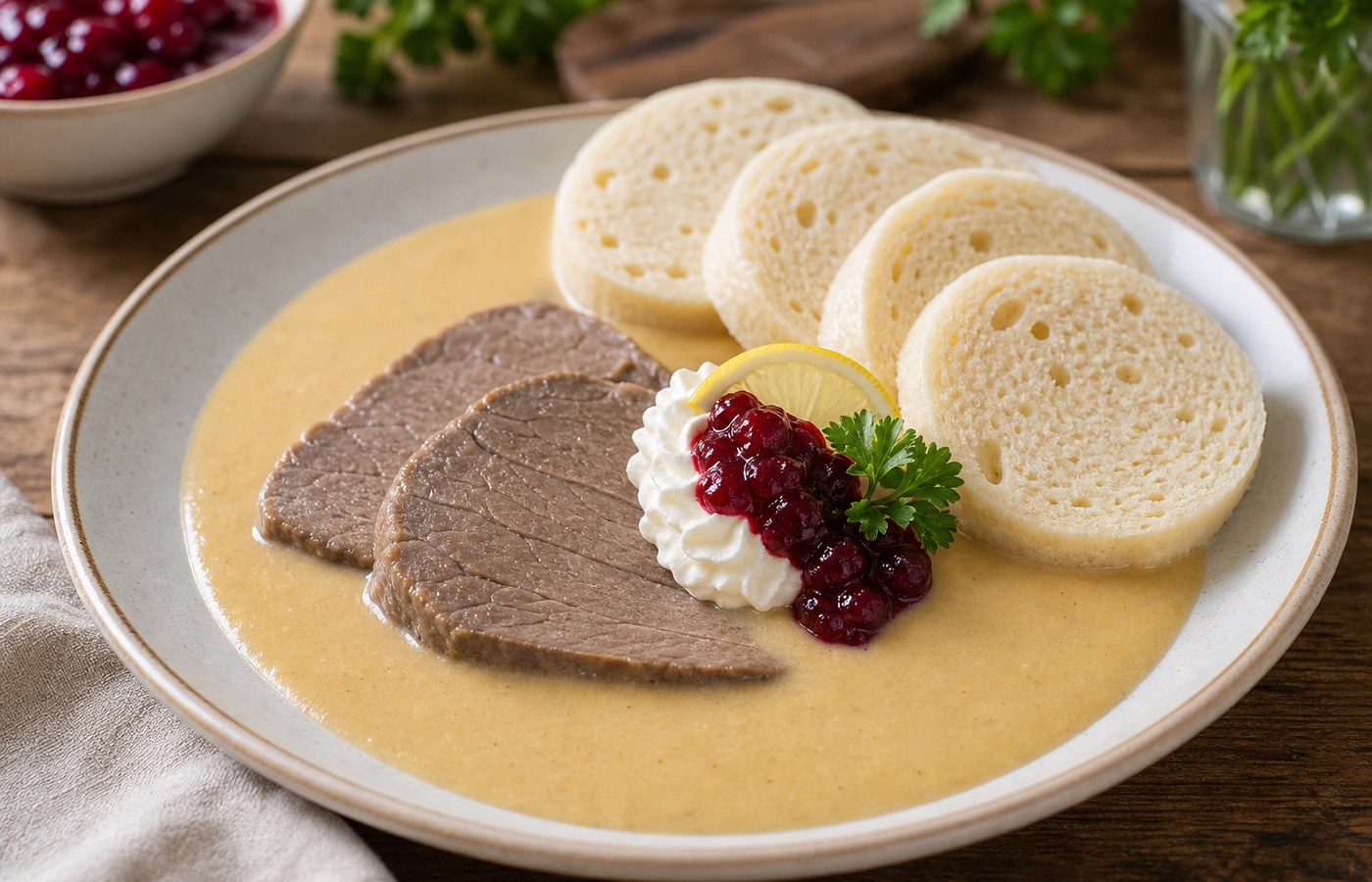 Porce svíčkové na smetaně s knedlíkem a brusinkami