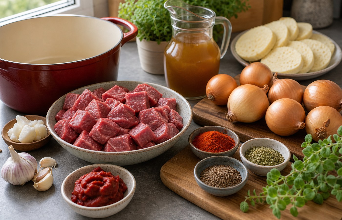 Suroviny na hovězí guláš: maso, cibule, paprika, česnek a koření