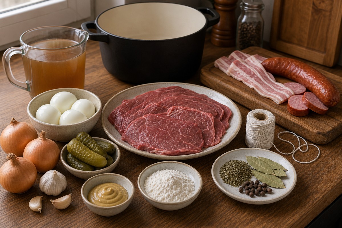 Suroviny na španělského ptáčka: hovězí plátky, vejce, okurka, slanina, cibule a hořčice