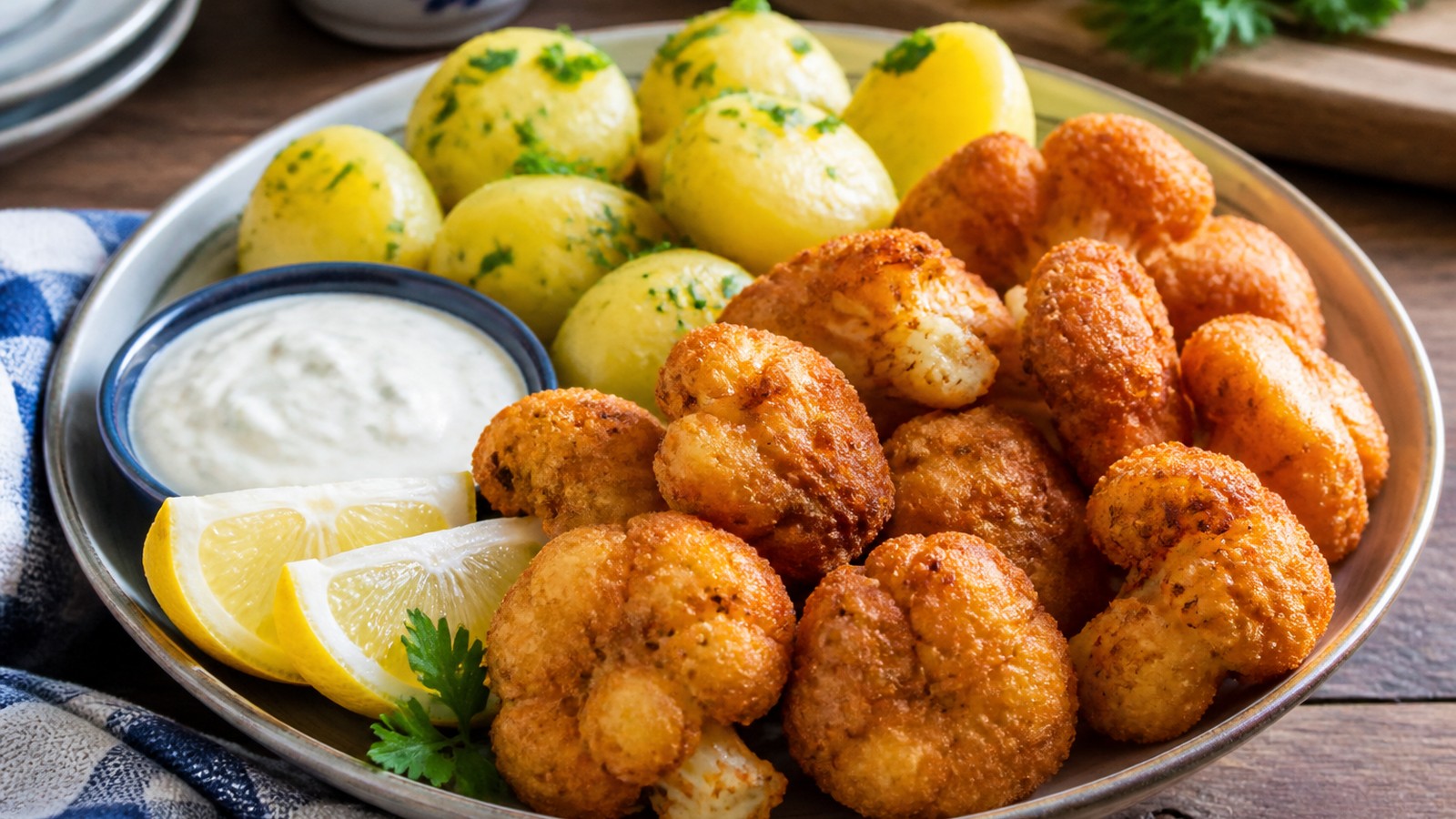 Hotový smažený květák s bramborem, tatarkou a citronem