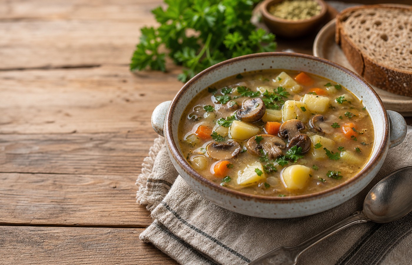 Bramboračka podávaná s chlebem